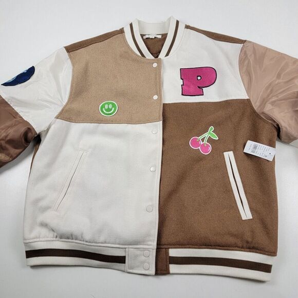 PacSun Brown Patchwork Letterman Varsity Bomber Jacket Oversized M/L Unisex NWT - Picture 2 of 12